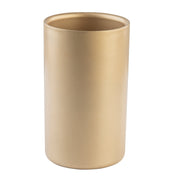 A tall, cylindrical gold-coated stainless steel vase with a smooth, matte finish. The vase has a slightly rounded rim and no visible patterns or decorations. It stands upright against a plain white background.