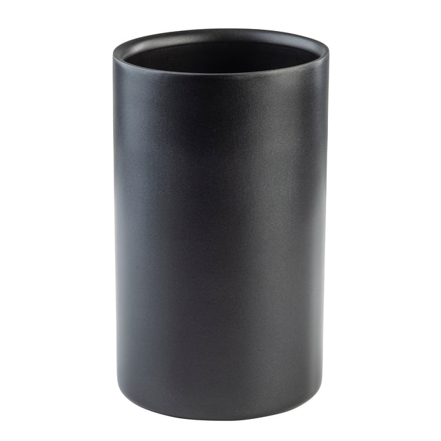 A matte black, cylindrical wine cooler with smooth sides and a flat base, shown standing upright on a white background. This minimalist, modern container features double wall stainless steel construction and is open at the top.