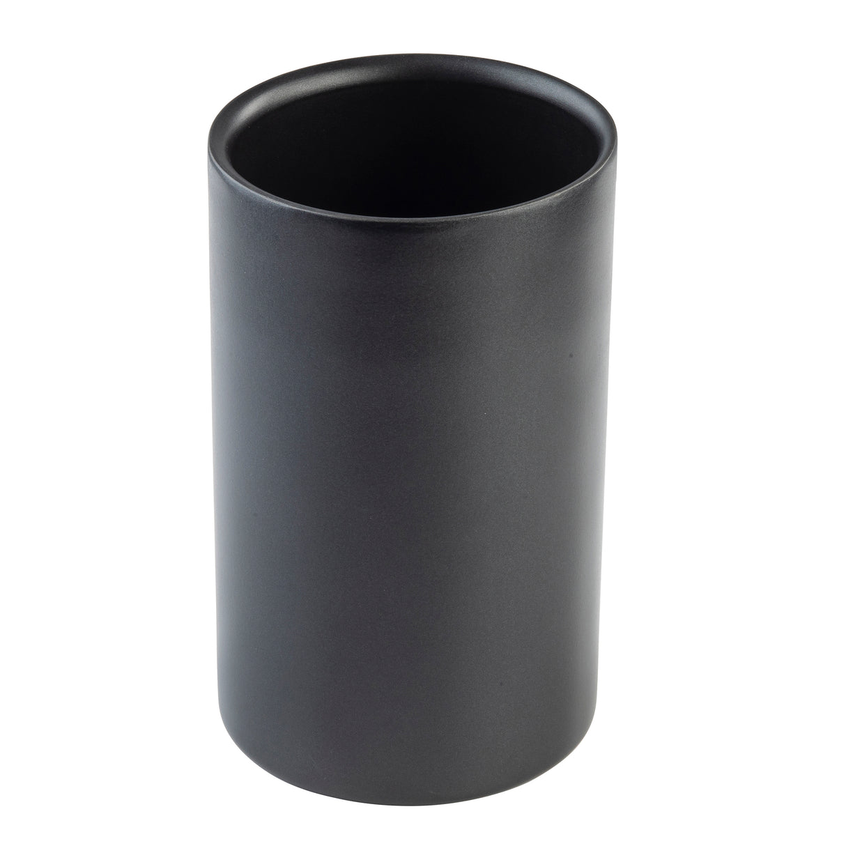 A matte black cylindrical wine cooler with a smooth surface and open top, crafted from stainless steel with a double wall design, positioned upright against a white background. The container has no visible handles, patterns, or markings.