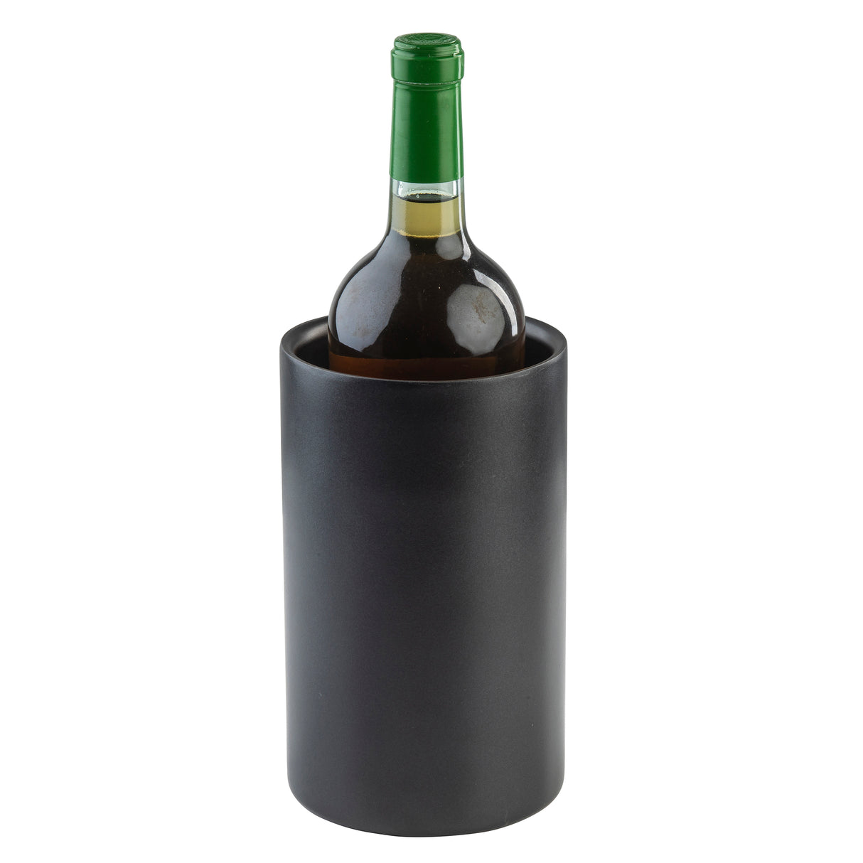 A dark wine bottle with a green foil top stands upright in a matte black double wall wine cooler against a white background. The stainless steel cooler has smooth, simple sides and fits the bottle snugly, keeping it perfectly chilled.