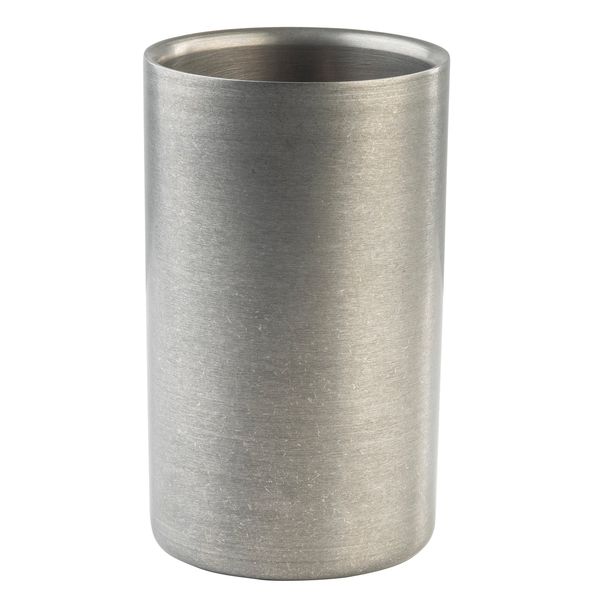 A cylindrical, stainless steel cup with a brushed silver finish is shown against a white background. The cup has smooth sides, a flat base, and an open top, revealing a shiny metallic interior. There are no handles, patterns, or visible markings.