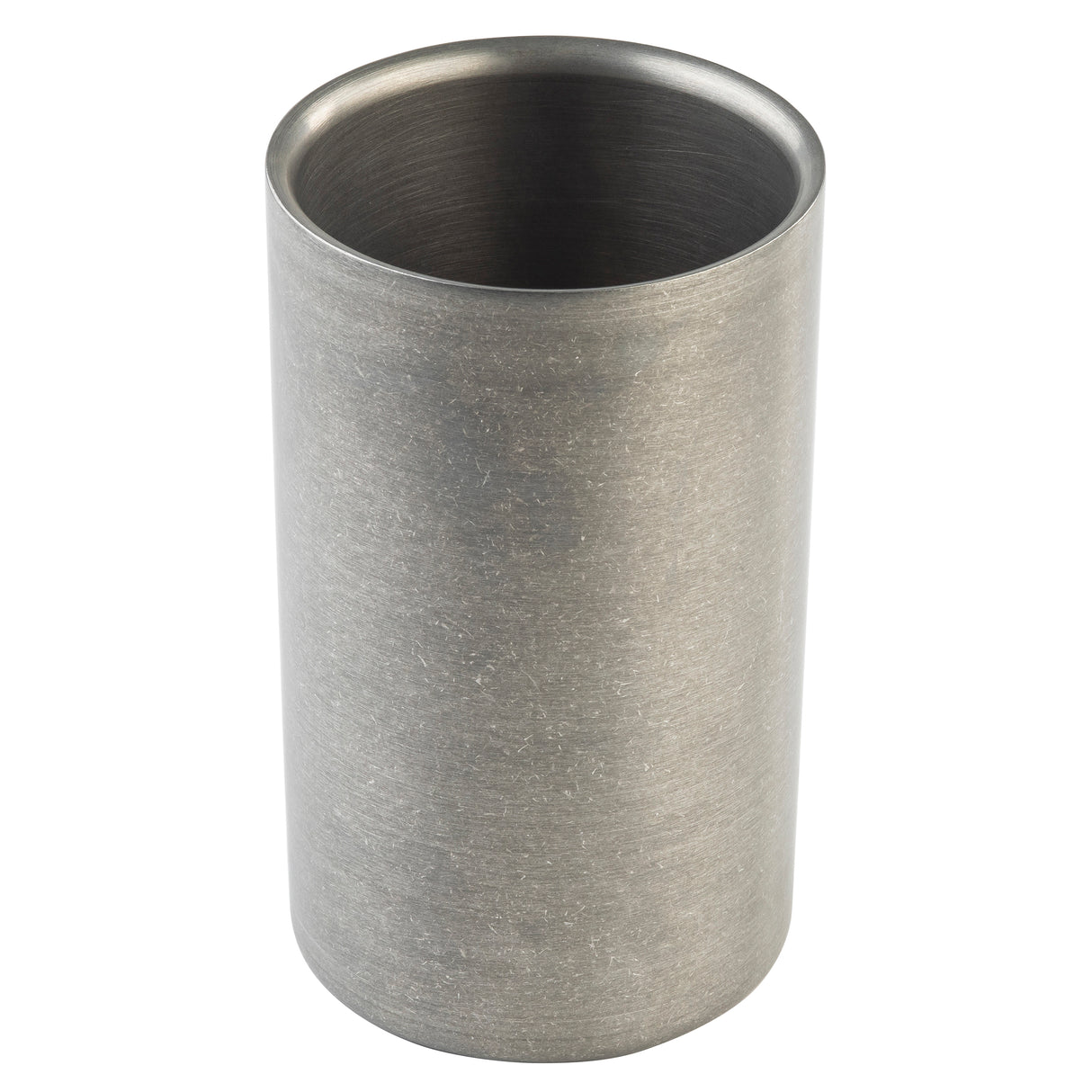 A brushed metal cylindrical wine cooler with a wide open top, smooth texture, and a slightly rounded lip. Crafted from double wall stainless steel, its matte surface features subtle horizontal lines and no visible handles or decorative elements.
