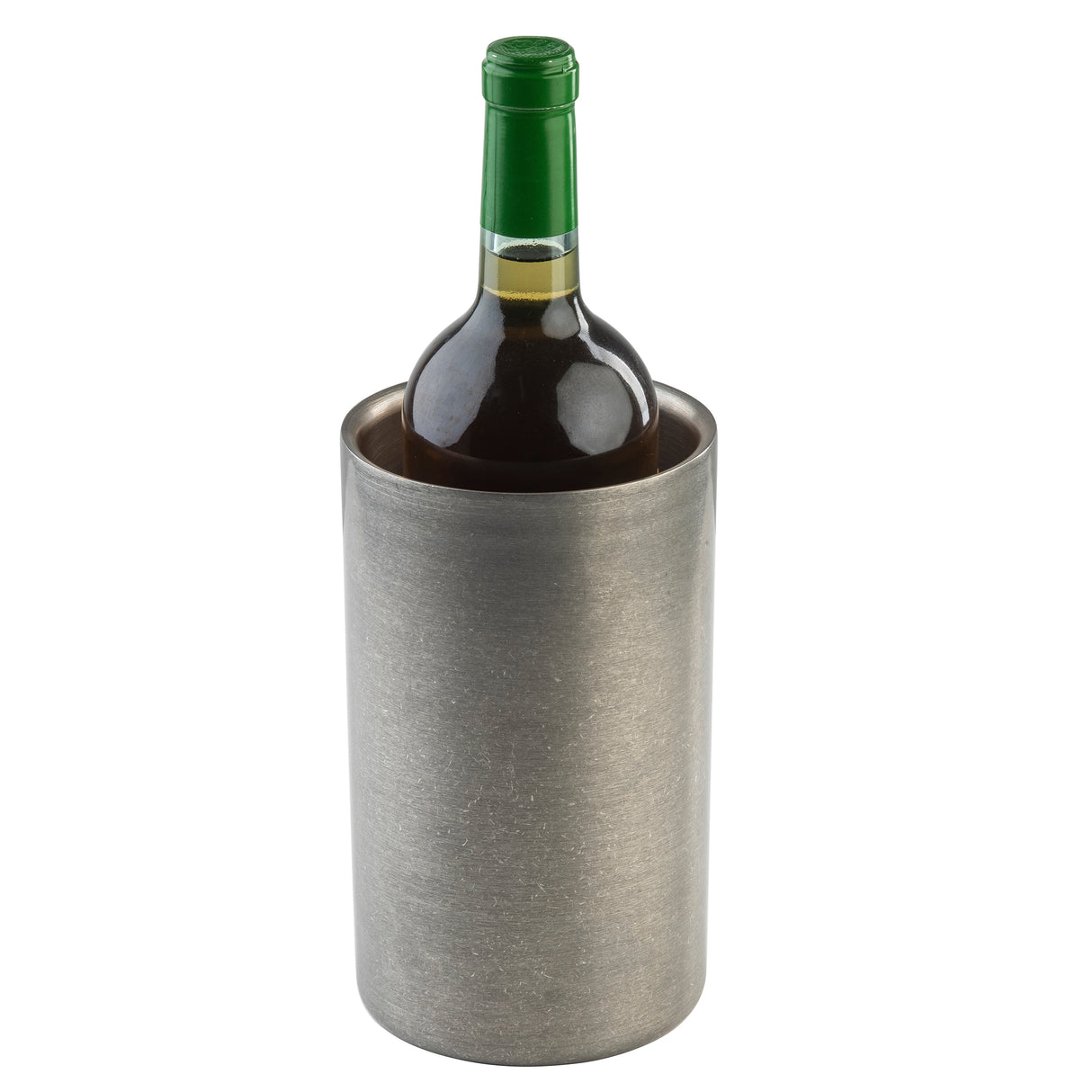 A green wine bottle with a foil seal sits upright inside a cylindrical, double wall stainless steel wine cooler against a plain white background. The cooler features a simple, smooth design and keeps your wine perfectly chilled.