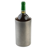 A green wine bottle with a foil seal sits upright inside a cylindrical, double wall stainless steel wine cooler against a plain white background. The cooler features a simple, smooth design and keeps your wine perfectly chilled.