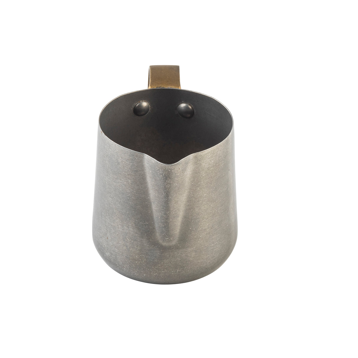 A stainless steel milk frothing cup with a brushed finish, curved spout, and sturdy rectangular handle. Photographed from above against a white background, the image highlights its circular opening and two rivets attaching the handle.