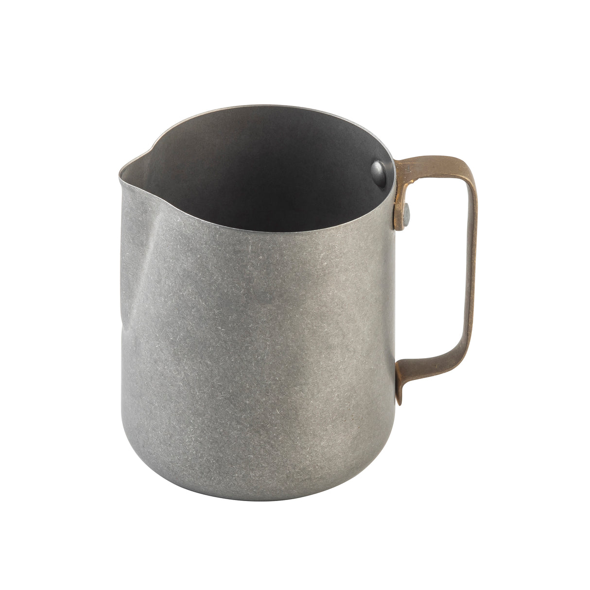 A gray stainless steel frothing cup with a matte finish, round body, and a small spout on one side. It features a sturdy brown handle attached with two rivets. The pitcher is shown empty against a white background.