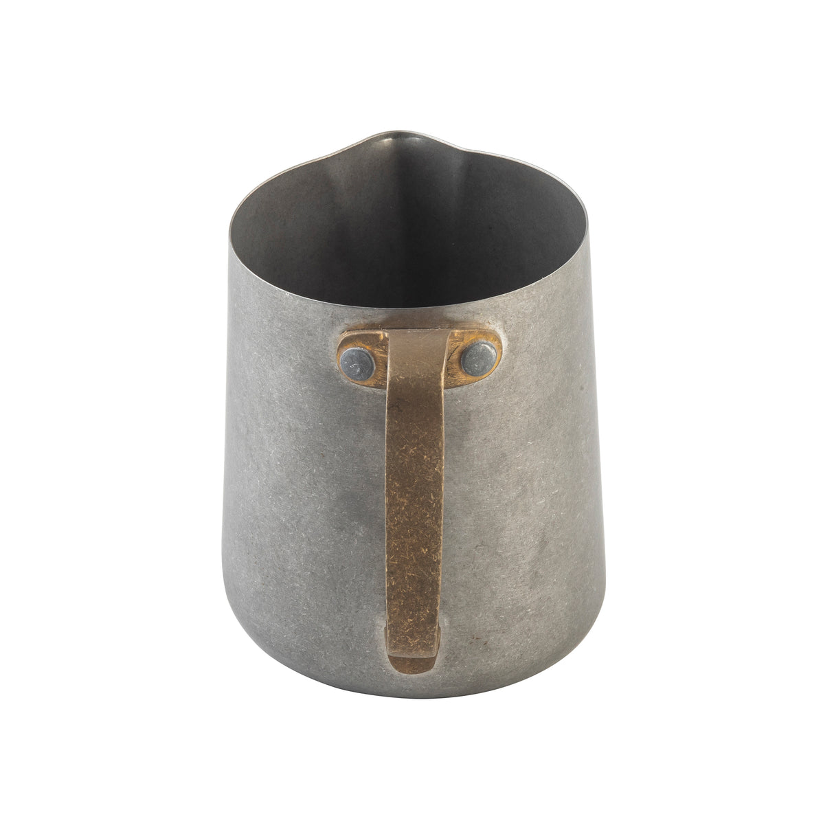 A stainless steel Frothing Cup with a rounded base, small pouring spout, and vertical brass handle attached with two rivets, shown from a slightly elevated front angle on a white background.