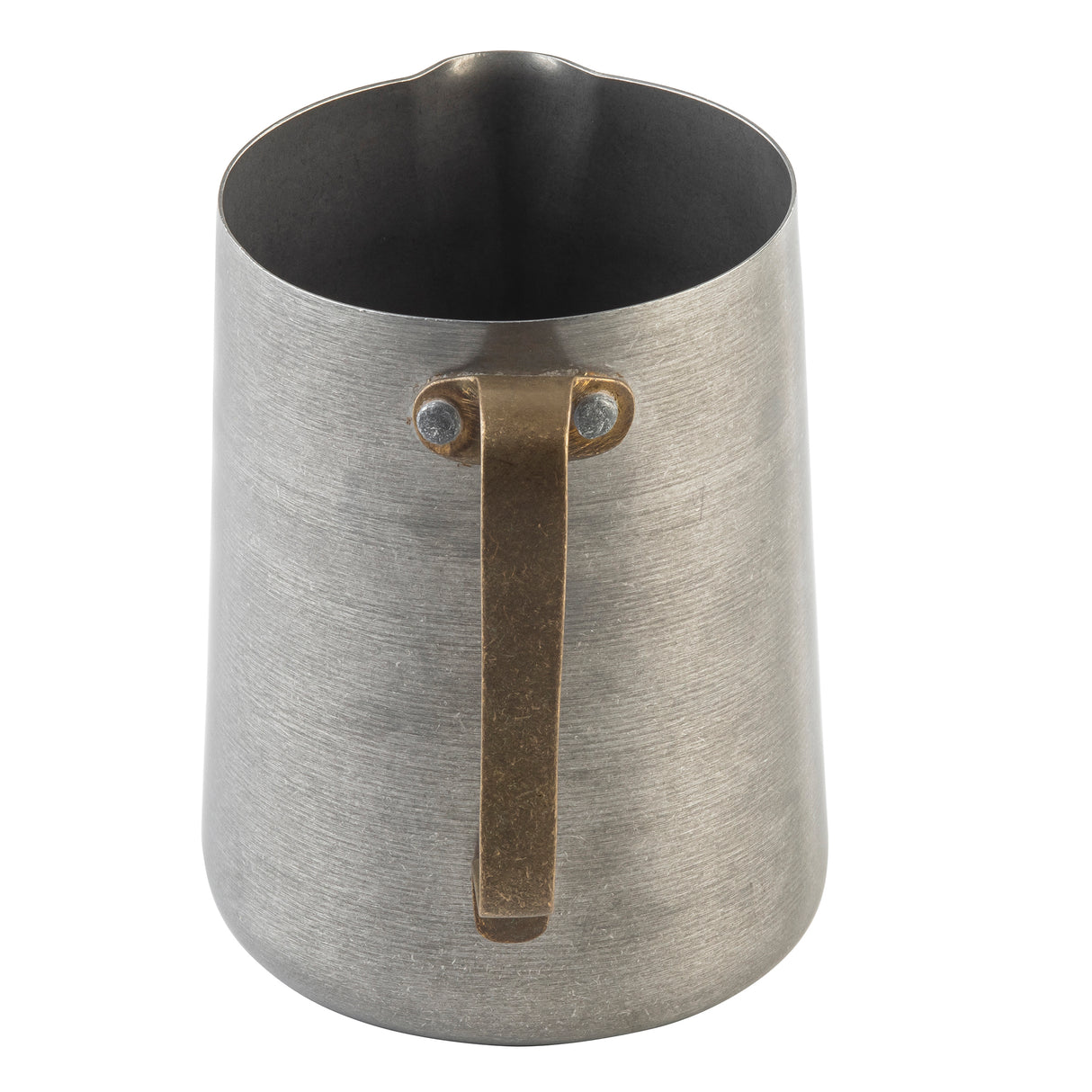 A stainless steel frothing cup with a matte, brushed finish and a wide opening. It features a sturdy, flat metal handle attached with two rivets near the top and a slightly indented spout for easy pouring. The background is white.
