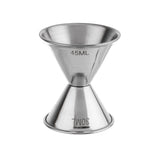 A stainless steel double-sided jigger with a conical shape. One side is labeled “45ML” and the other “30ML.” The shiny, reflective jigger is dishwasher safe and photographed on a white background.