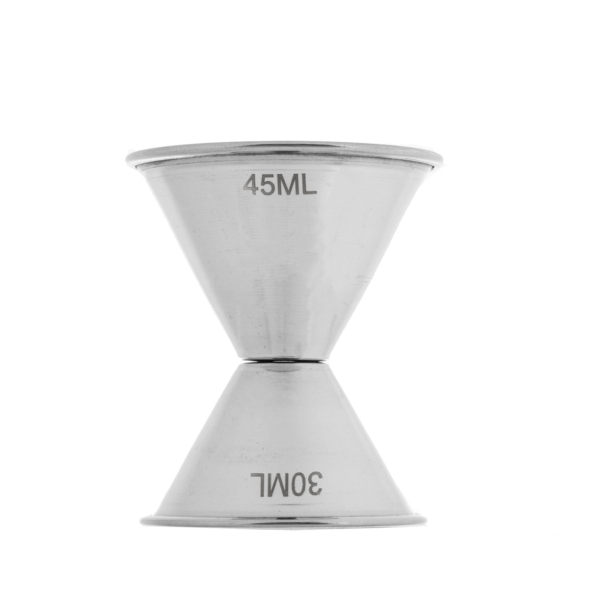 A stainless steel double-sided jigger with two cone-shaped measuring cups joined at their bases. The top cup is labeled 45ML, the bottom 30ML, and both sides are dishwasher safe. The background is plain white.