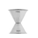 A stainless steel double-sided jigger with two cone-shaped measuring cups joined at their bases. The top cup is labeled 45ML, the bottom 30ML, and both sides are dishwasher safe. The background is plain white.