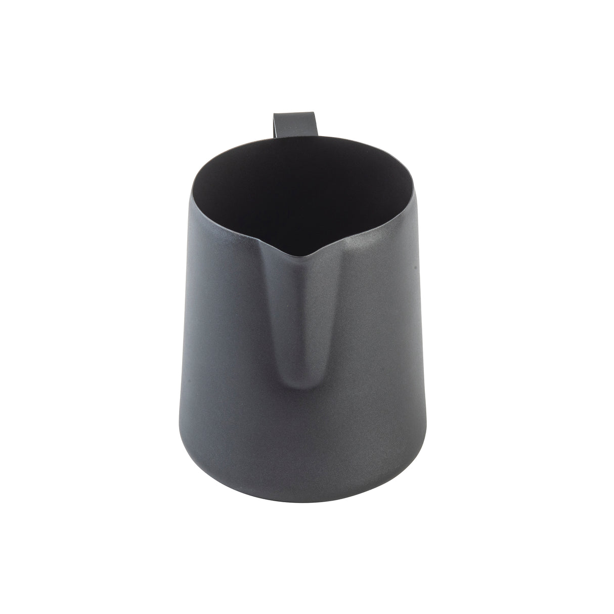 A matte black stainless steel frothing cup with a handle, viewed from above. The pitcher features a nonstick PTFE coating, a narrow spout for precise pouring, and a sleek, minimalist design set against a white background.