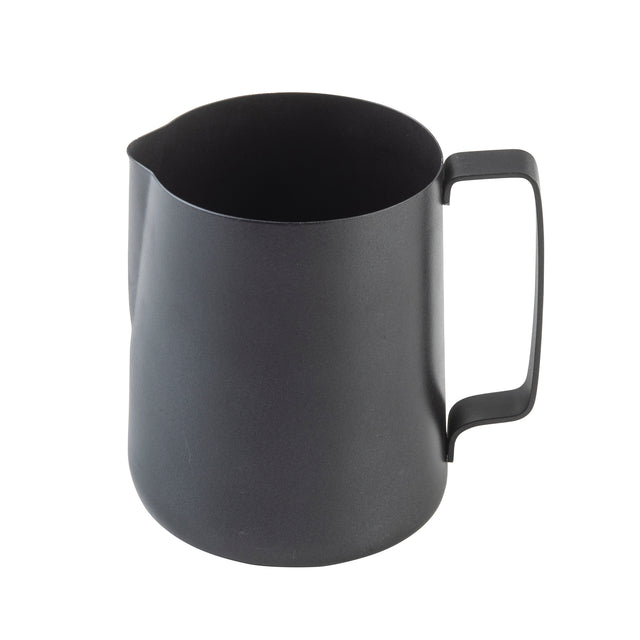 A matte black stainless steel frothing cup with a wide cylindrical body, a small spout, and a simple rectangular handle. The pitcher is photographed on a white background and appears empty.