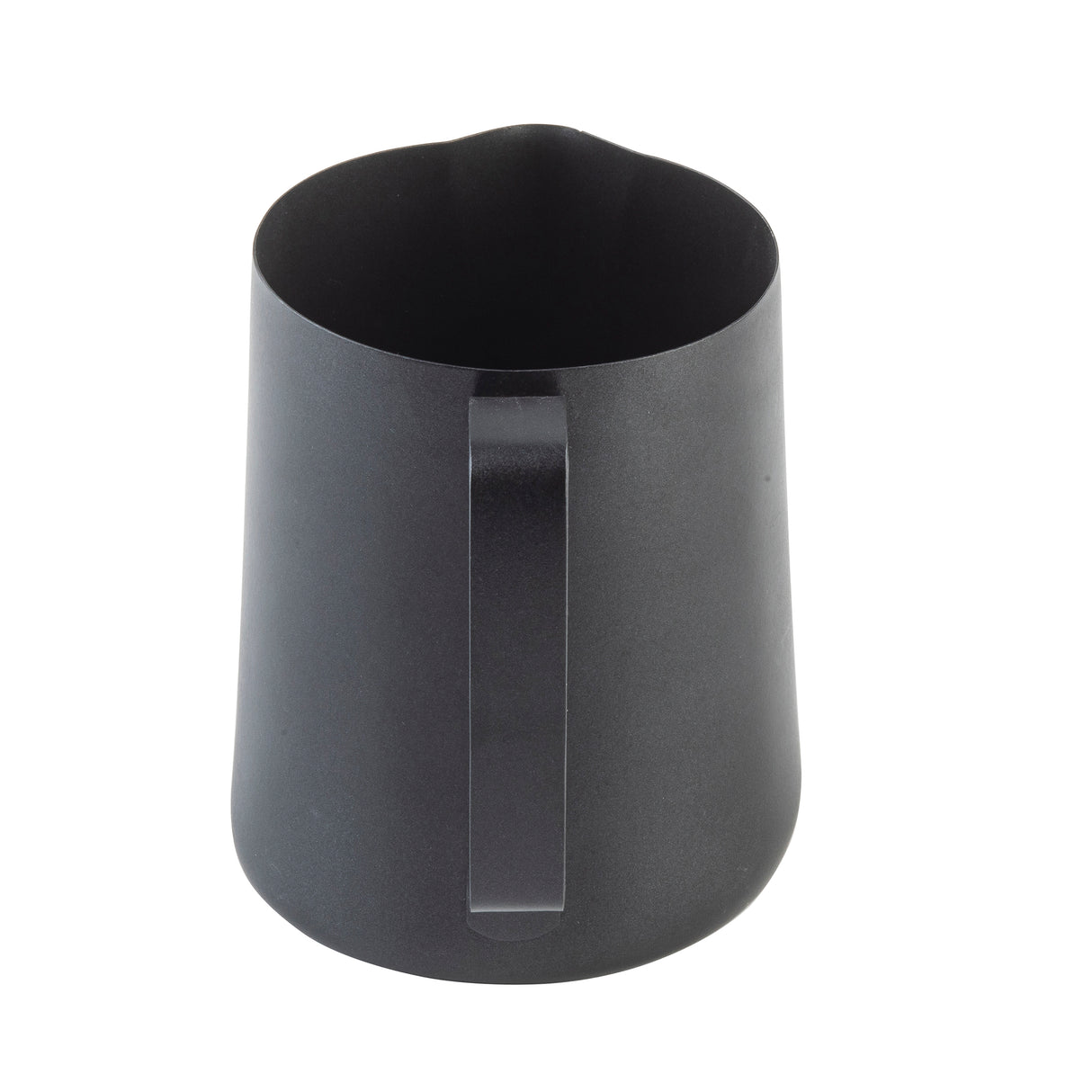 A matte black stainless steel Frothing Cup with a handle, cylindrical shape, and small spout for pouring sits empty on a white background. Photographed from a slightly elevated angle, this pitcher features a sleek nonstick PTFE coating.