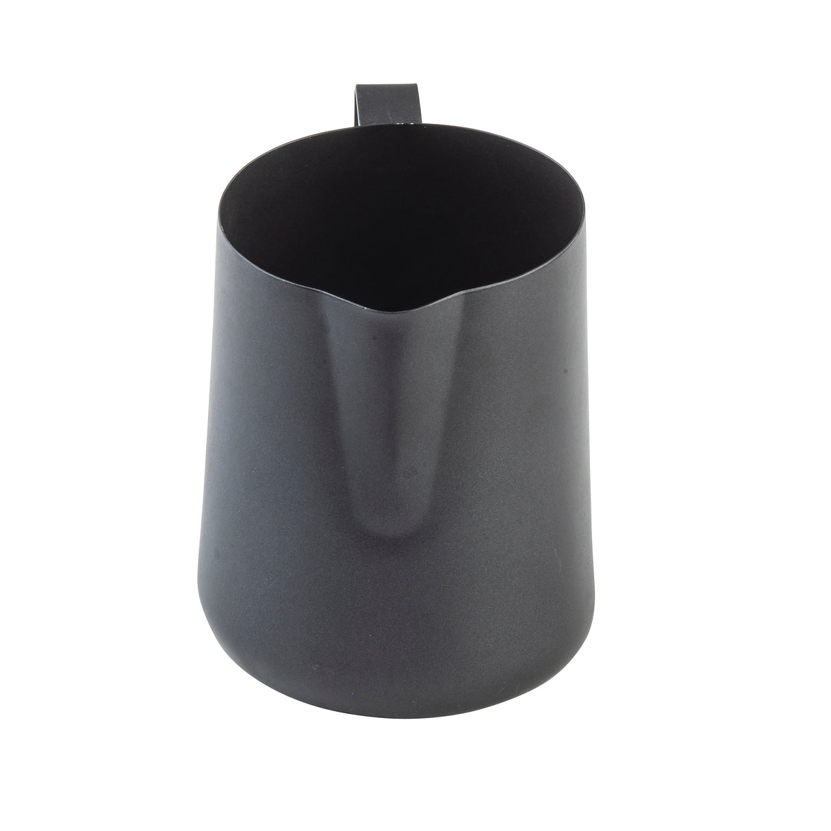 A matte black stainless steel Frothing Cup with a tapered spout and small handle on the back, shown against a plain white background, viewed from above and slightly to the side.