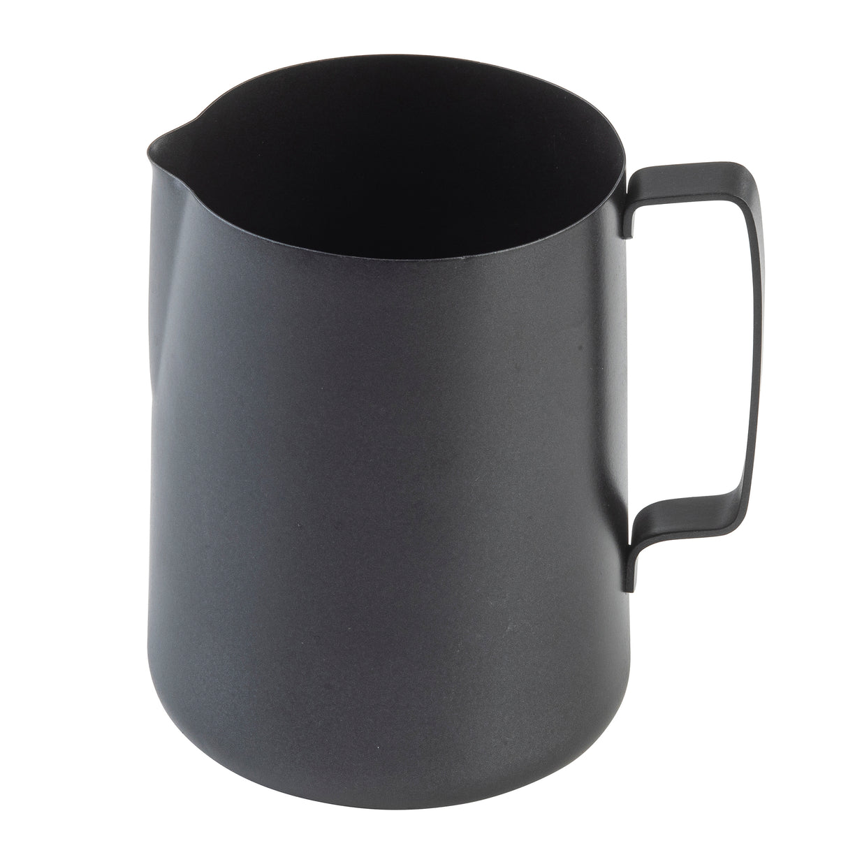 A matte black stainless steel frothing cup with a wide cylindrical body, a smooth rounded base, and a sturdy handle attached vertically. The pitcher has a small spout for pouring and is photographed against a white background.