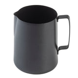 A matte black stainless steel frothing cup with a wide cylindrical body, a smooth rounded base, and a sturdy handle attached vertically. The pitcher has a small spout for pouring and is photographed against a white background.