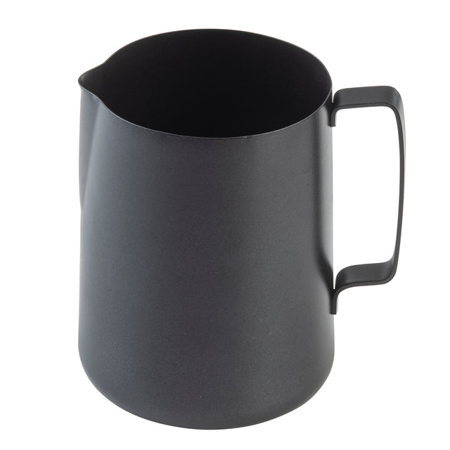 A matte black stainless steel frothing cup with a wide cylindrical body, a smooth rounded base, and a sturdy handle attached vertically. The pitcher has a small spout for pouring and is photographed against a white background.