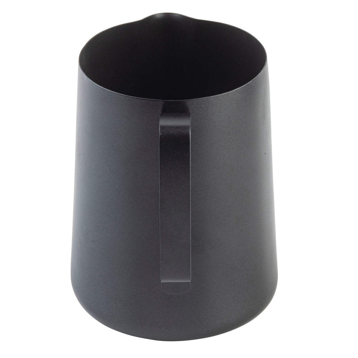 A matte black stainless steel frothing cup with a straight handle is shown against a white background. The pitcher has a simple, cylindrical shape with smooth sides and a small pouring spout at the top edge.