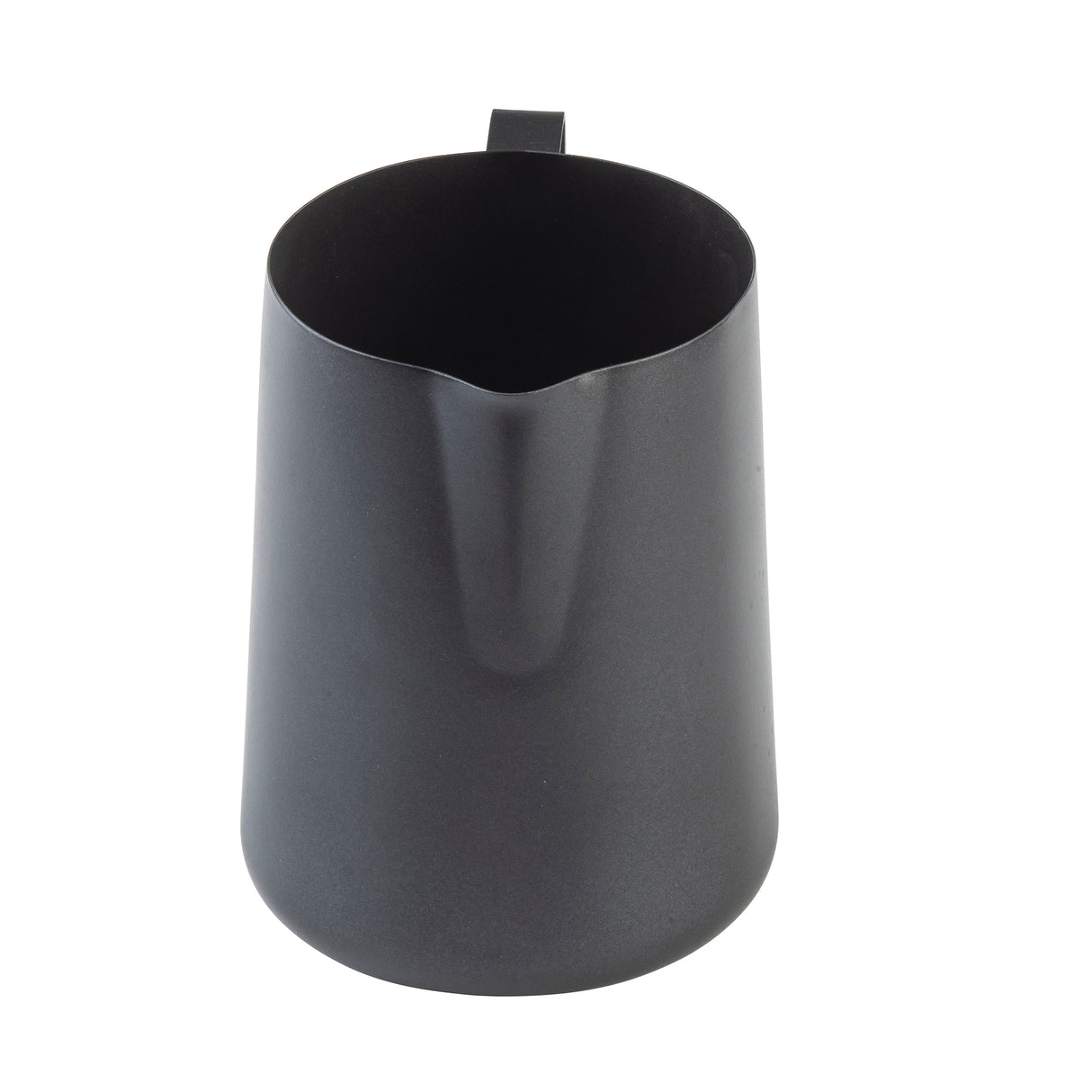 A matte black stainless steel frothing cup with a handle and small spout, viewed from above at a slight angle on a white background. The pitcher has a smooth cylindrical shape, nonstick PTFE coating, and a modern, minimalist design.