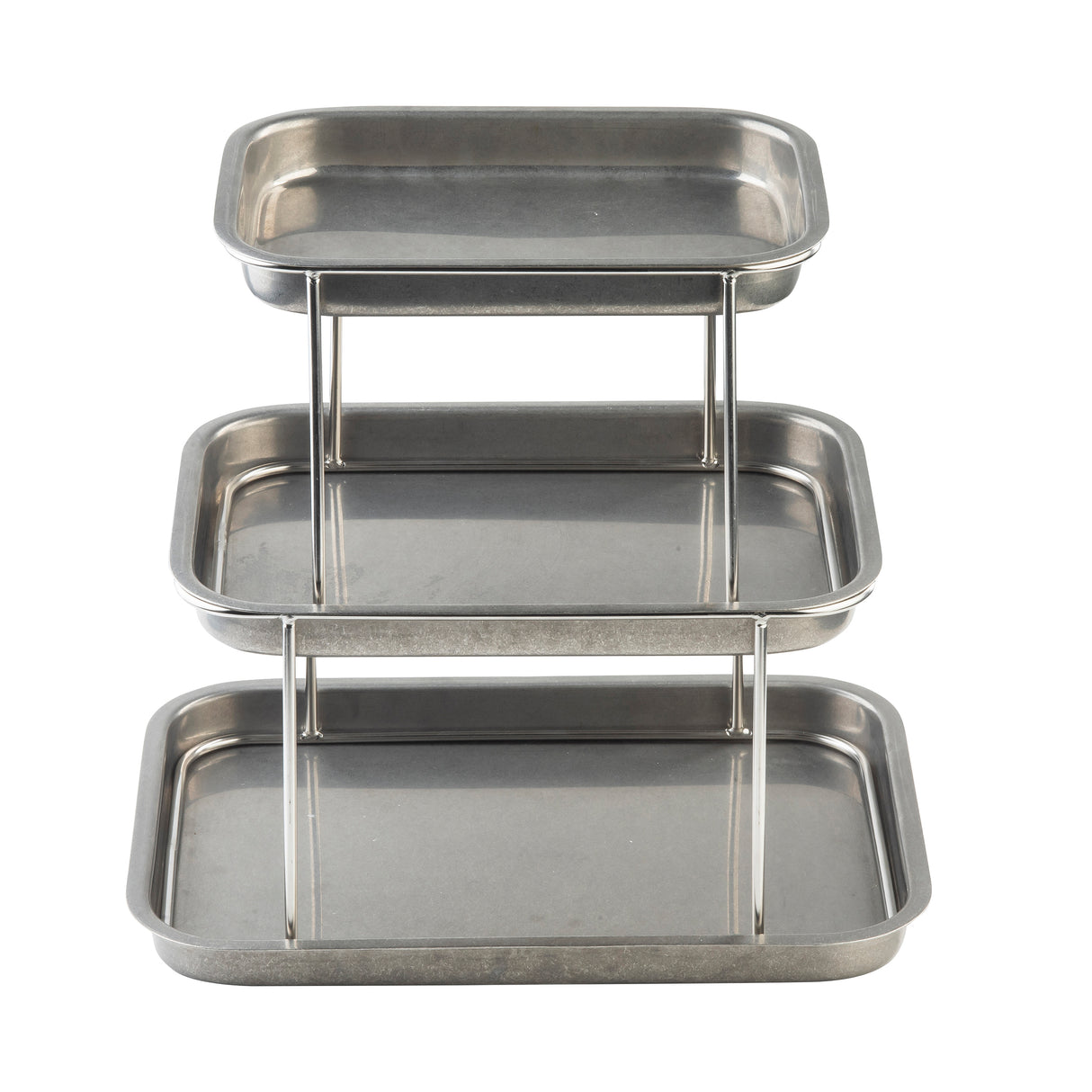 This 3-tier Sharing Tower features rectangular, stainless steel trays with rounded corners, supported by sleek metal rods. Each tray is stacked vertically, with each level slightly smaller than the one below it.