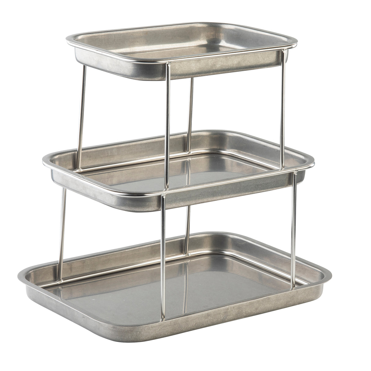 A 3-tier Sharing Tower features rectangular stainless steel trays stacked vertically, each with rounded edges and raised sides. Supported by four metal rods at each corner, the polished structure offers a sleek, modern look for serving.