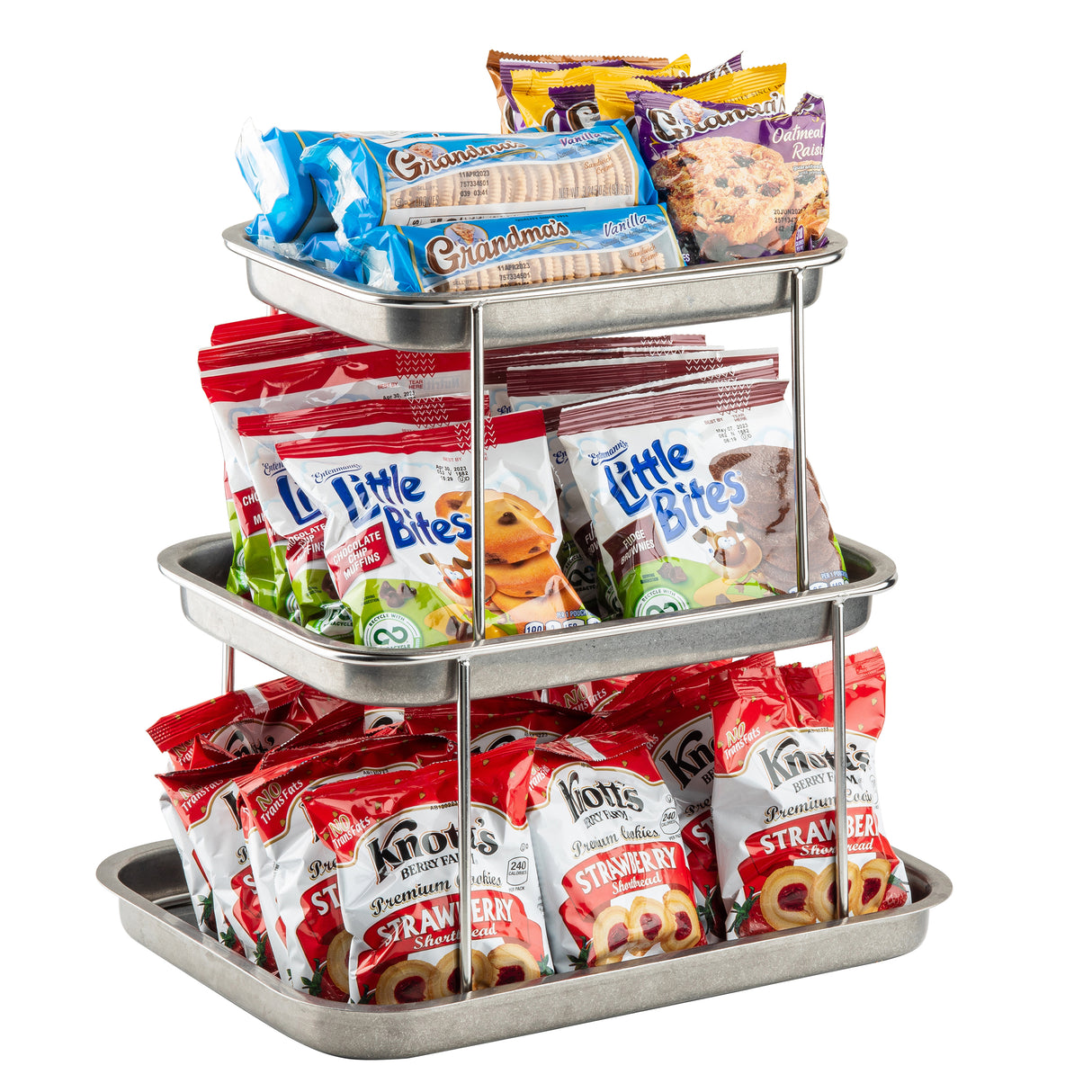 The Sharing Tower features a 3-tier stainless steel stand filled with snacks: packaged cookies on top, Little Bites muffins in the middle, and Knott’s Berry Farm Strawberry cookies below—all neatly organized for easy sharing.