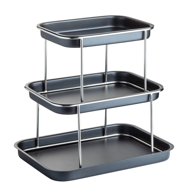 A 3-tier Sharing Tower with rectangular black trays and stainless steel supports, staggered in height for versatile storage or display. The trays feature raised edges and are vertically arranged, creating open space between each tier.