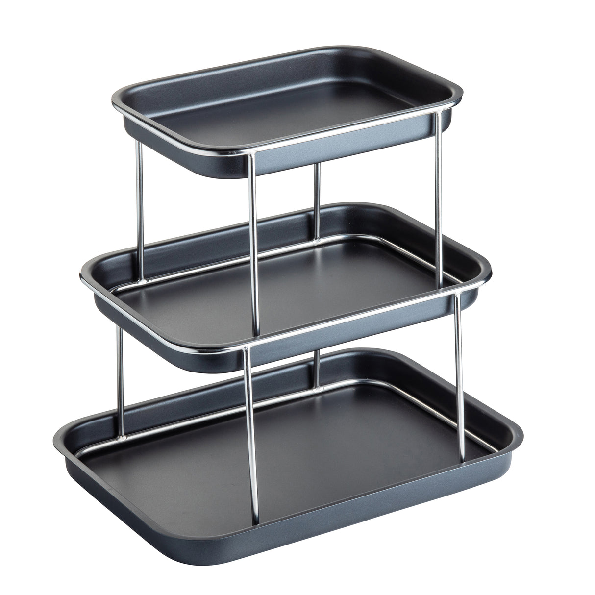 A 3-tier rectangular black metal Sharing Tower with stainless steel supports. Each tray is flat with raised edges, stacked vertically and evenly spaced, suitable for organizing, serving, or display. The background is plain white.