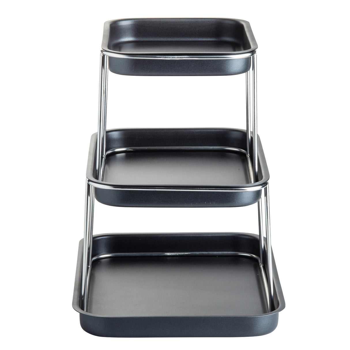 A 3-tier Sharing Tower features rectangular black trays and shiny stainless steel supports. The trays decrease in size from bottom to top, creating a sleek tiered display ideal for organizing or serving items.