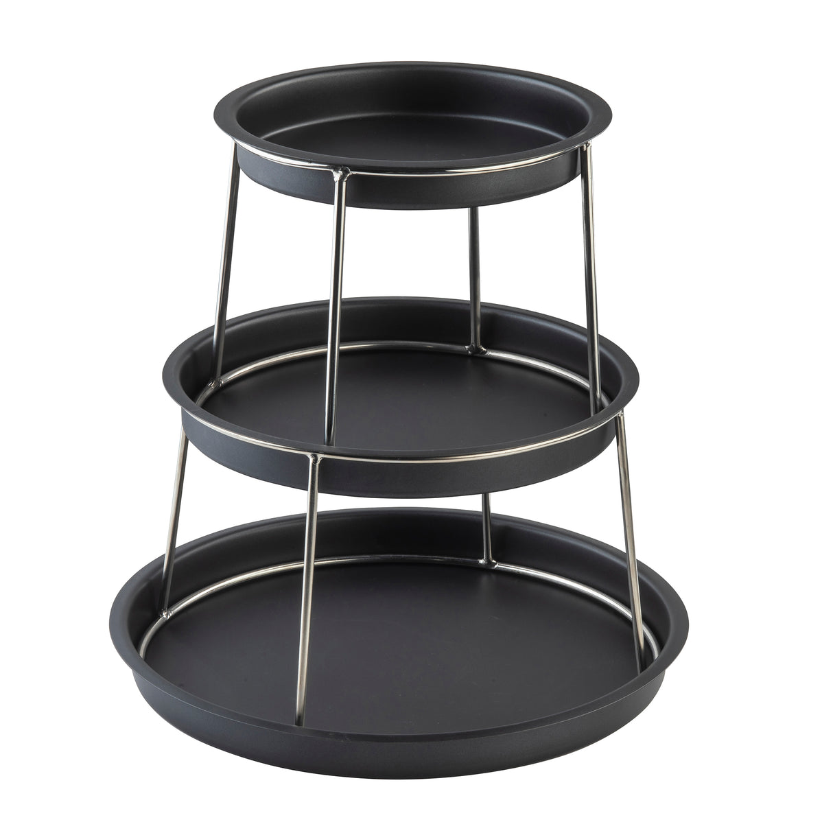 A sleek 3-tier Sharing Tower, this black metal serving tray features round plates of increasing size and is supported by stainless steel rods—perfect for displaying or serving food at any gathering.