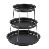 A sleek 3-tier Sharing Tower, this black metal serving tray features round plates of increasing size and is supported by stainless steel rods—perfect for displaying or serving food at any gathering.