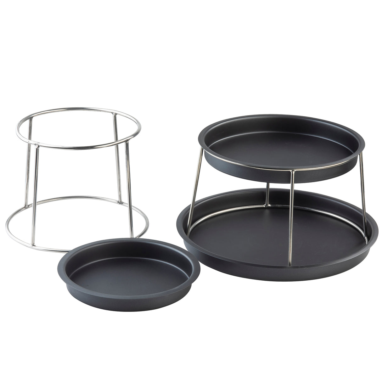 A stylish 3-tier Sharing Tower, this serving stand set features two black round trays in different sizes and a detachable stainless steel frame for easy stacking. The larger tray sits on the bottom, while the smaller rests securely above.