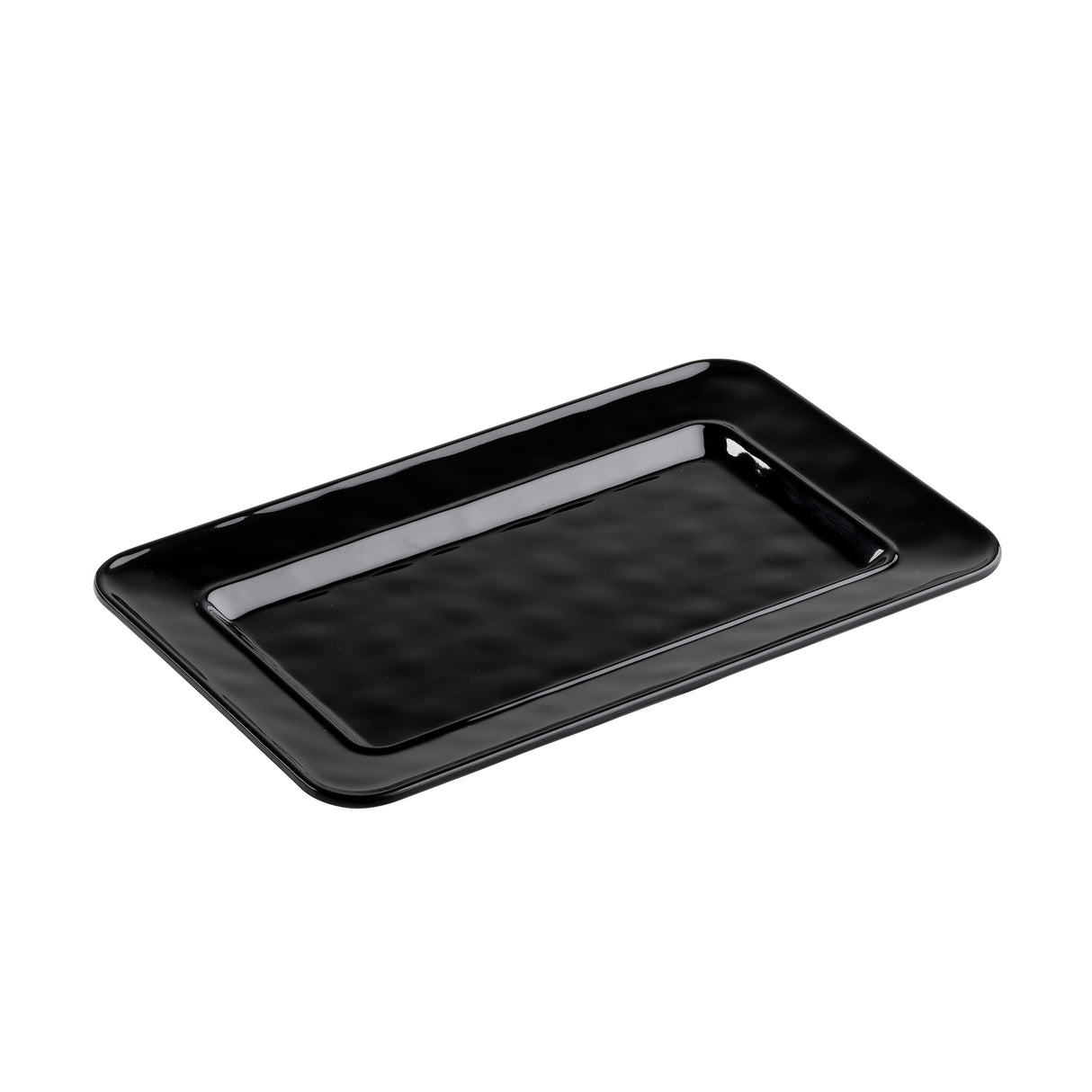 A glossy black rectangular serving platter with slightly raised edges and a smooth, reflective surface, photographed on a white background. The plate has subtle dimples, giving this melamine piece a uniquely textured appearance.
