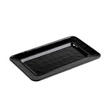 A glossy black rectangular serving platter with slightly raised edges and a smooth, reflective surface, photographed on a white background. The plate has subtle dimples, giving this melamine piece a uniquely textured appearance.