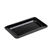 A glossy black rectangular serving platter with slightly raised edges and a smooth, reflective surface, photographed on a white background. The plate has subtle dimples, giving this melamine piece a uniquely textured appearance.
