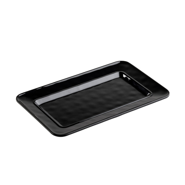 A glossy black rectangular serving platter with slightly raised edges and a smooth, reflective surface, photographed on a white background. The plate has subtle dimples, giving this melamine piece a uniquely textured appearance.