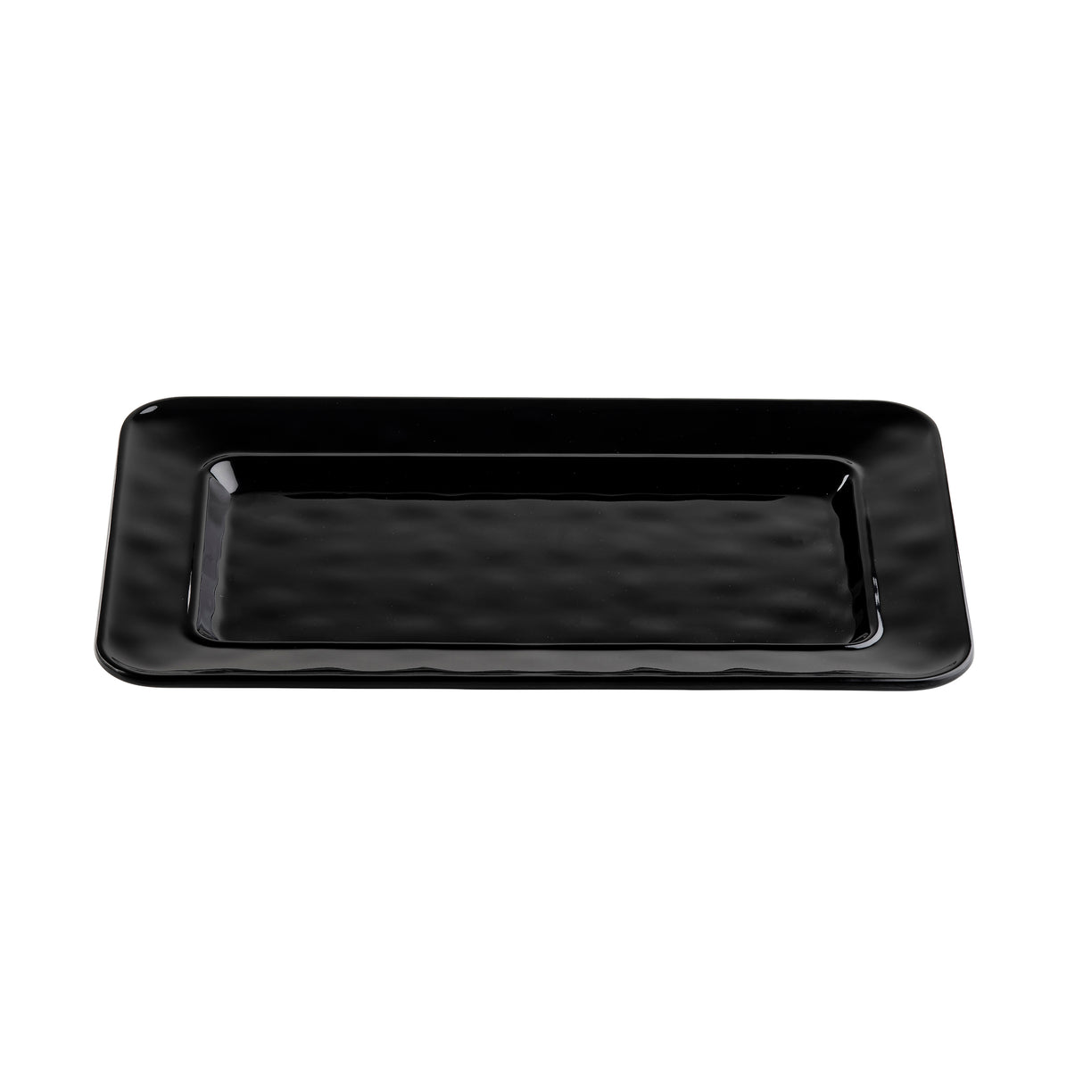 A rectangular, glossy black TableCraft serving platter with gently raised edges and a slightly indented center. Made of durable melamine, it features smooth, rounded corners and a subtle textured pattern on its surface.