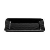 A rectangular, glossy black TableCraft serving platter with gently raised edges and a slightly indented center. Made of durable melamine, it features smooth, rounded corners and a subtle textured pattern on its surface.
