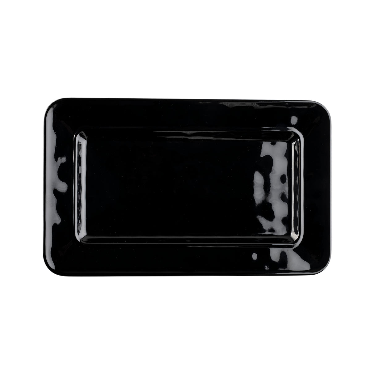 A glossy, rectangular black TableCraft serving platter made of melamine with rounded corners is seen from above. The empty plate features a reflective surface with white highlights. The background is plain and white.