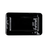 A glossy, rectangular black TableCraft serving platter made of melamine with rounded corners is seen from above. The empty plate features a reflective surface with white highlights. The background is plain and white.