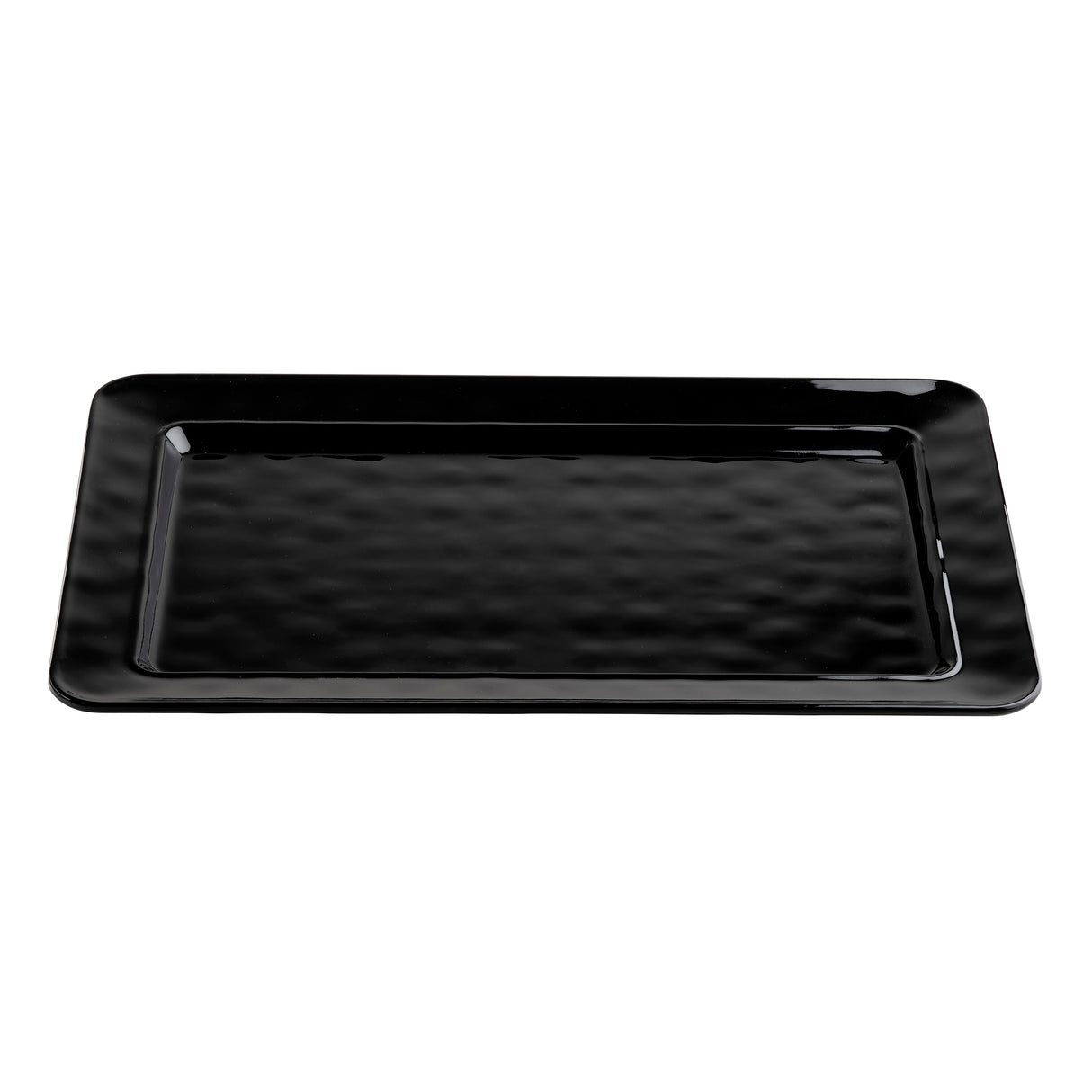 A rectangular, glossy black TableCraft platter with slightly raised edges and a smooth, shiny surface. The melamine serving platter features a simple, modern design and is photographed on a white background.