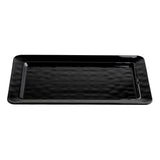 A rectangular, glossy black TableCraft platter with slightly raised edges and a smooth, shiny surface. The melamine serving platter features a simple, modern design and is photographed on a white background.