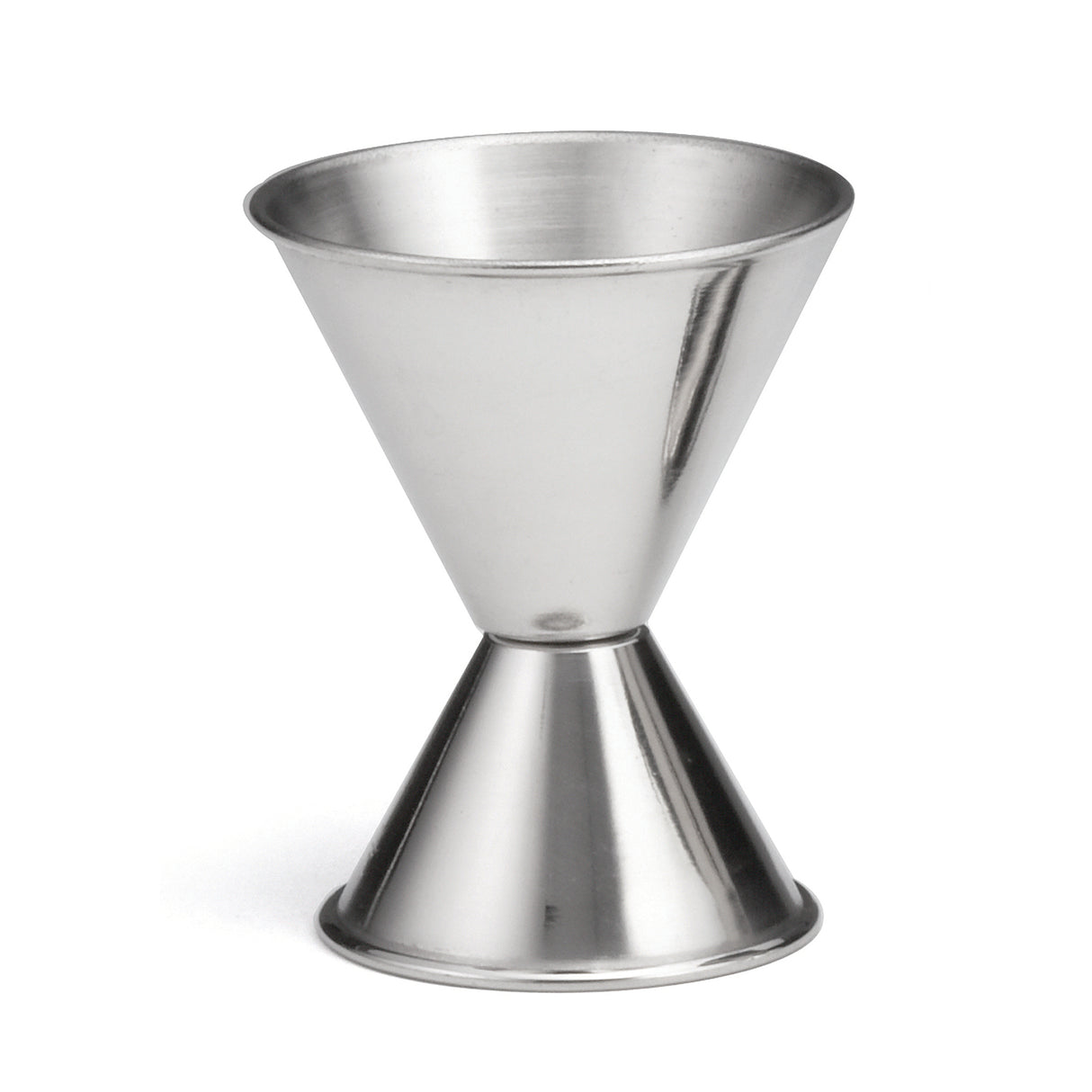 This stainless steel jigger features a classic double-sided design with 1 oz and 2 oz cups, making it perfect for precise liquor measurements. Its smooth, reflective finish allows the jigger to stand upright on any flat surface.