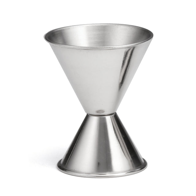 This stainless steel jigger features a classic double-sided design with 1 oz and 2 oz cups, making it perfect for precise liquor measurements. Its smooth, reflective finish allows the jigger to stand upright on any flat surface.