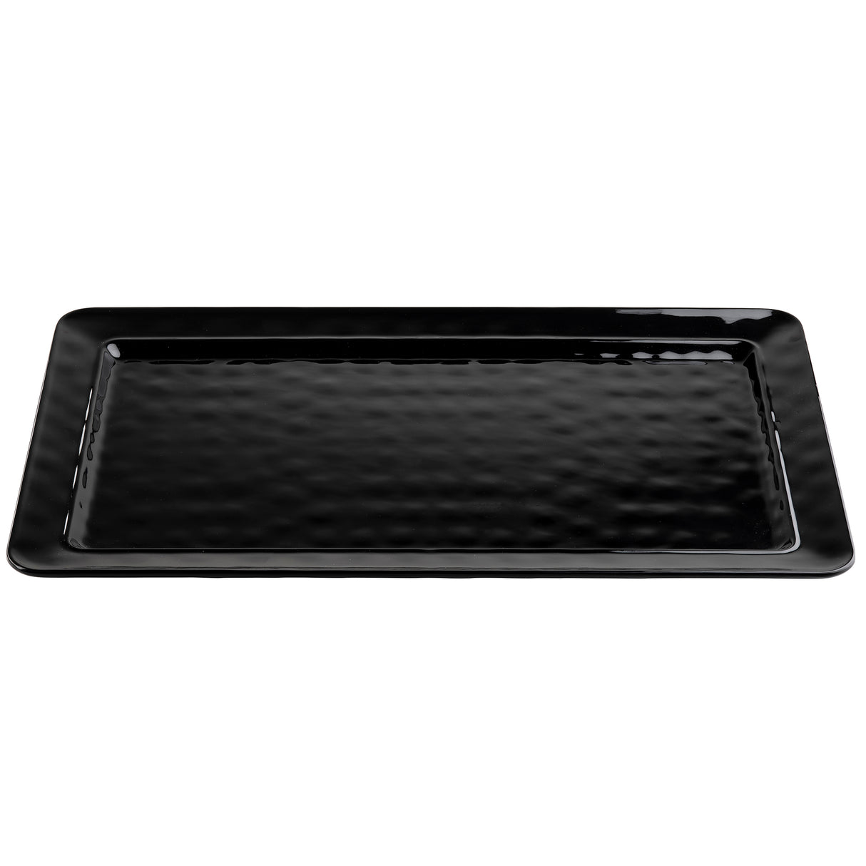 A rectangular platter with a glossy black ceramic finish and slightly raised edges features a subtly textured surface. Shown empty on a white background, this elegant serving platter is photographed from above.