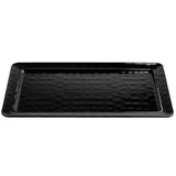 A rectangular platter with a glossy black ceramic finish and slightly raised edges features a subtly textured surface. Shown empty on a white background, this elegant serving platter is photographed from above.