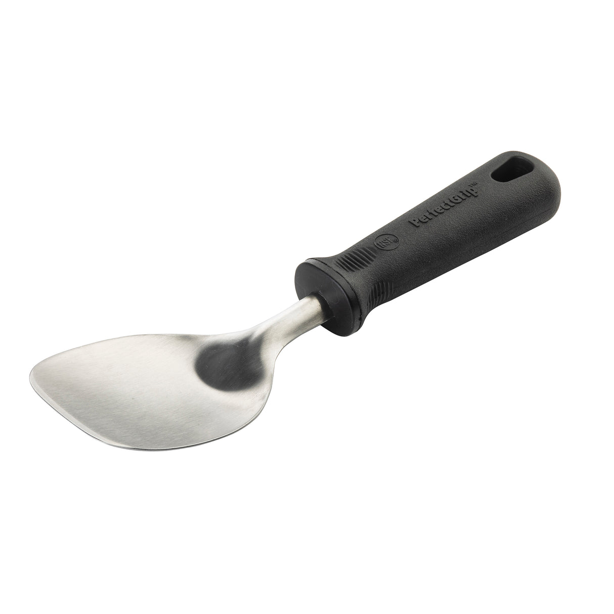 A metal PerfectGrip Ice Cream Spade with a wide, slightly curved, and pointed stainless steel blade is shown. It has a thick, textured black handle embossed with Kitchenaid and a hole for hanging. The scoop is placed on a white background.
