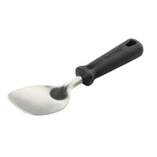 A metal PerfectGrip Ice Cream Spade with a wide, slightly curved, and pointed stainless steel blade is shown. It has a thick, textured black handle embossed with Kitchenaid and a hole for hanging. The scoop is placed on a white background.