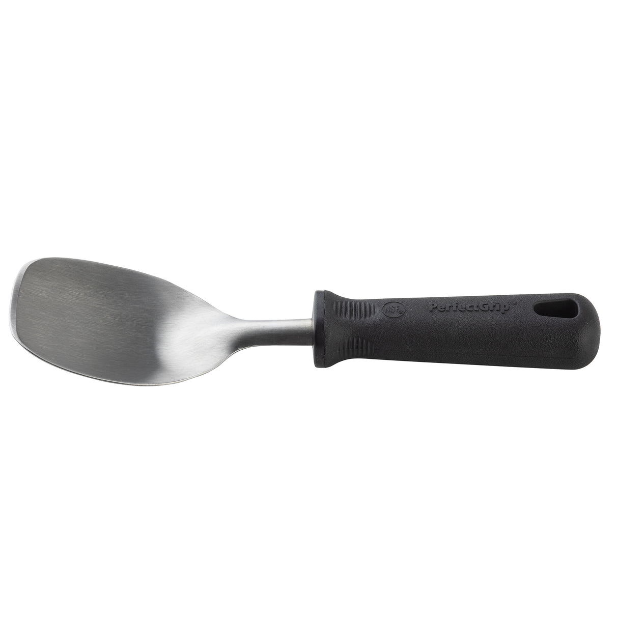 The PerfectGrip Ice Cream Spade features a wide, slightly curved stainless steel blade and a thick black plastic handle with a textured grip. NSF certified, the scoop lies horizontally on a white background, with a hole at the end for hanging.